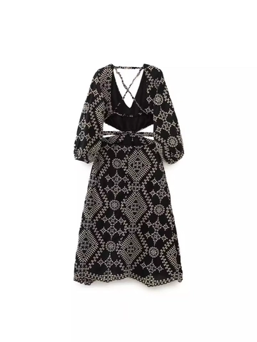 Boho Embroidered Cut Out Waist V Neck Long Sleeve Midi Dress Black White Geometric Floral Lace Up Back Cotton Holiday Dress