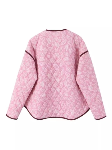 Chaqueta Acolchada Casual para Mujer Estampado de Cachemira Cuello en V Botonadura Sencilla Abrigo Acolchado Holgado Vintage Ribete en Contraste