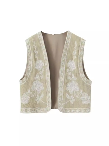 Dames Vintage Geborduurde Bloem Crop Vest V-Hals Gerimpeld Mouwloos Open Voorzijde Polyester Vest Bovenkleding