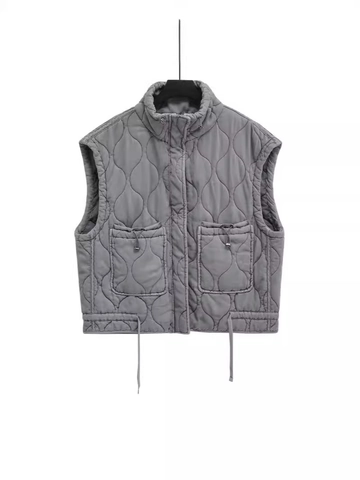 Damen Gesteppte Puffer Weste Stehkragen Reißverschluss Ärmellose Jacke Washed Cotton Outerwear Mit Kordelzug Taschen Weste