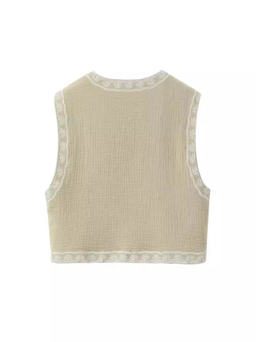 Dames Vintage Geborduurde Bloem Crop Vest V-Hals Gerimpeld Mouwloos Open Voorzijde Polyester Vest Bovenkleding