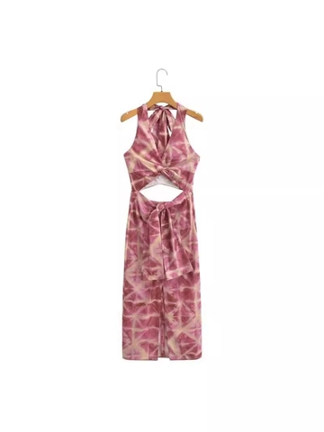 Damen Batik Neckholder Midi Kleid Taillenausschnitt Knoten Vorne Rückenfrei Böhmischer Urlaub Sommer Party Körperbetontes Kleid