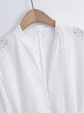 Robe Mini Femme Style Français Col en V Broderie Anglaise Manches Longues Avec Ceinture Blanc Coton