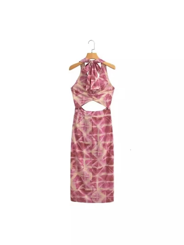 Women Tie Dye Halter Midi Dress Cut Out Waist Knot Front Backless Bohemian Vacation Summer Party Bodycon Dress