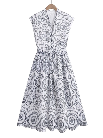 Damen Ärmelloses V-Ausschnitt Stickerei Kleid Ausschnitt Eyelet Einreihig A-Linien Langes Kleid Mit Gürtel Sommer Resort