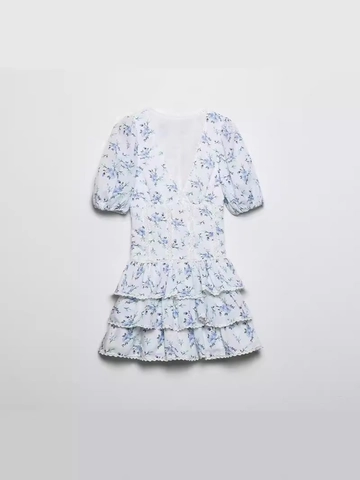 Dames Zoete V-Hals Jurk Met Bloemenprint Katoenmix Pofmouwen Kant Patchwork Gelaagde Ruches Cake Jurk Zomer Casual