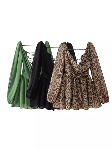 Abito Sexy Mini Schiena Scoperta Donna Estate Chiffon Manica a Lanterna Scollo a V Stringato Fiocco in Vita Abito da Festa