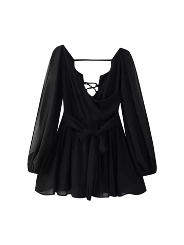Abito Sexy Mini Schiena Scoperta Donna Estate Chiffon Manica a Lanterna Scollo a V Stringato Fiocco in Vita Abito da Festa