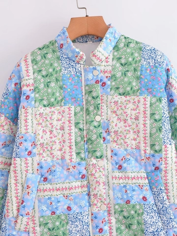 Veste Matelassée Vintage à Patchwork Floral pour Femmes Coupe Décontractée Manches Longues Manteau Rembourré Léger Streetwear Vêtements d'Extérieur à Boutons