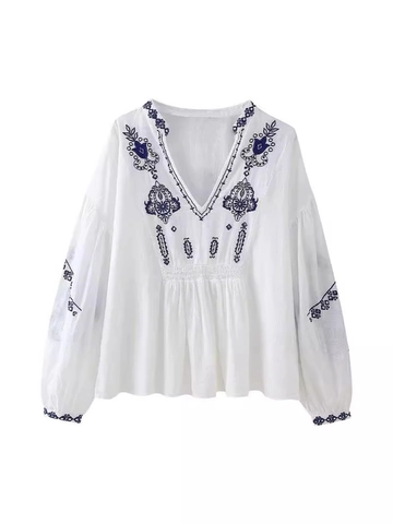 Dames Boheemse Etnisch Geborduurde Blouse V-Hals Lange Lantaarnmouw Gesmokte Taille Wit Blauw Bloemen Spiegel Inlaid Top