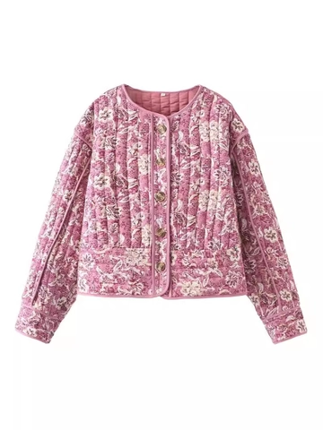 Veste Matelassée Florale Vintage pour Femmes Col Rond Boutonnage Simple Manteau Rembourré Décontracté Printemps Automne