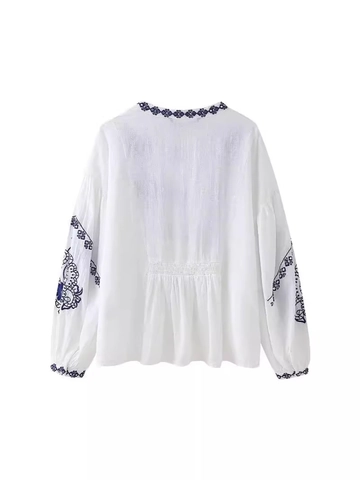 Dames Boheemse Etnisch Geborduurde Blouse V-Hals Lange Lantaarnmouw Gesmokte Taille Wit Blauw Bloemen Spiegel Inlaid Top