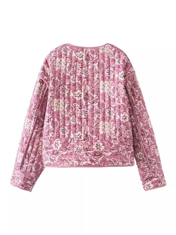 Veste Matelassée Florale Vintage pour Femmes Col Rond Boutonnage Simple Manteau Rembourré Décontracté Printemps Automne