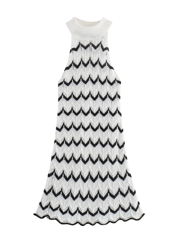 Dames Sexy Gestreepte Gebreide Mouwloze Mini Jurk Zwart Wit Zigzag Opengewerkt Halternek Bodycon Zomer Strandjurk