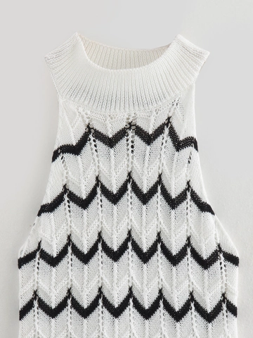 Dames Sexy Gestreepte Gebreide Mouwloze Mini Jurk Zwart Wit Zigzag Opengewerkt Halternek Bodycon Zomer Strandjurk