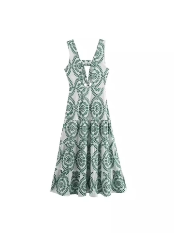 Dames Sexy V-hals Uitsparing Borduursel Maxi Jurk Boho Mouwloos Gelaagde Rugloos Vakantie Zomer Lange Jurk