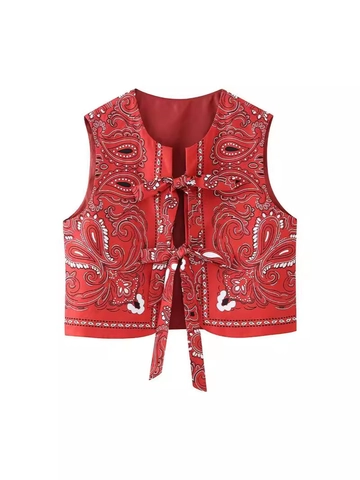 Dames Mode Paisley Luipaardprint Gewatteerd Vest Mouwloos Vetersluiting Strik Streetwear Vest Top