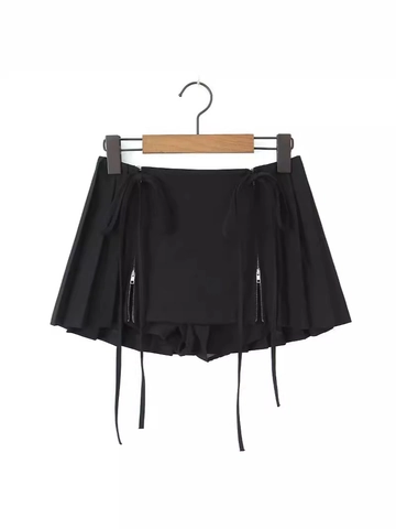 Damen Hohe Taille Plissiert Mini Skort mit Kordelzug und Reißverschluss Mode Einfarbig Anti-Exposition Kurzer Rock