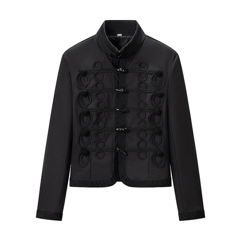 Damen Neo Chinesischer Stil Schwarz Stehkragen Kurzjacke Militär Hussar Geflochtener Knebelverschluss Slim Fit Kurzmantel Streetwear
