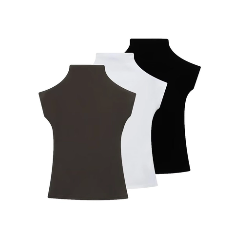 Women's Mock Neck Sleeveless T-Shirt Slim Fit Solid Color Knitted Basic Top For Summer Casual Streetwear Fashion Tee