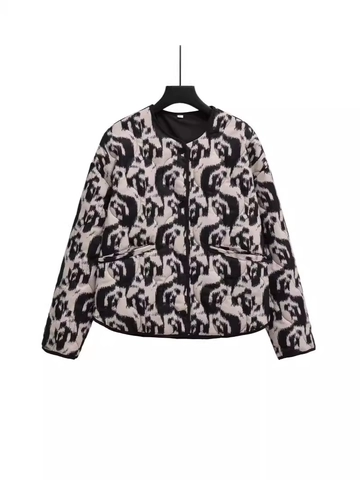 Giacca Imbottita Trapuntata Casual da Donna Nero Bianco Astratto Stampa Animale Girocollo Leggera con Bottoni Cappotto Invernale