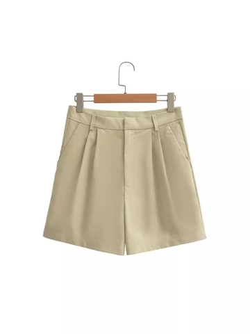 Damen Sommer Casual Anzug Set V-Ausschnitt Ärmellose Weste Und Hohe Taille Gefaltete Weite Shorts Khaki Outfit