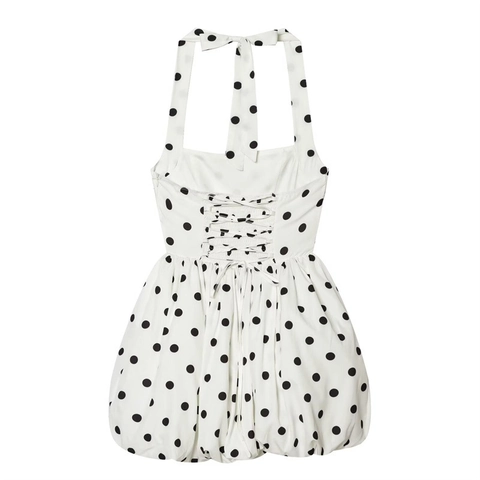 Vestito Mini Vintage a Pois con Scollo Halter per Donna Sexy Schiena Scoperta Fiocco Gonna a Palloncino Senza Maniche Slim Fit