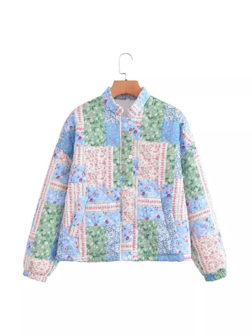 Veste Matelassée Vintage à Patchwork Floral pour Femmes Coupe Décontractée Manches Longues Manteau Rembourré Léger Streetwear Vêtements d'Extérieur à Boutons