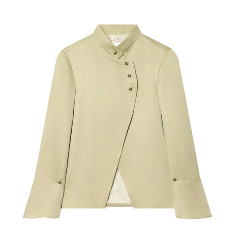 Women Elegant Asymmetric Blazer Jacket Stand Collar Metal Buttons Wide Cuffs Vintage Commuter Short Coat Spring Autumn