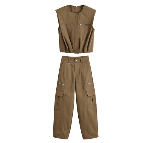 Women Sleeveless Zipper Cargo Vest And Barrel Pants Polyester High Waist Multi Pockets Casual Streetwear Top And Bottom