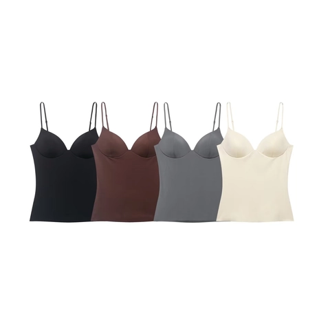 Women's Seamless Tank Top With Built-in Bra Adjustable Spaghetti Straps V Neck Slim Fit Polyester Summer Camisole Top