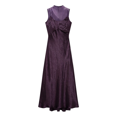 Elegantes Lila Satin Mesh Patchwork Maxikleid Ärmellos Sexy Hohe Taille Abendparty Club Langes Kleid Für Damen