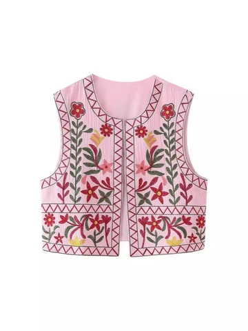 Women Bohemian Embroidery Floral Vest Jacket Short Sleeveless Open Front Cardigan Ethnic Y2K Streetwear Polyester Waistcoat Top