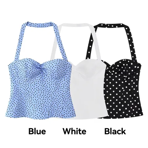 Top de Corsé con Cuello Halter Sexy para Mujer Vintage Lunares Fruncido Escote Corazón sin Mangas Espalda al Aire
