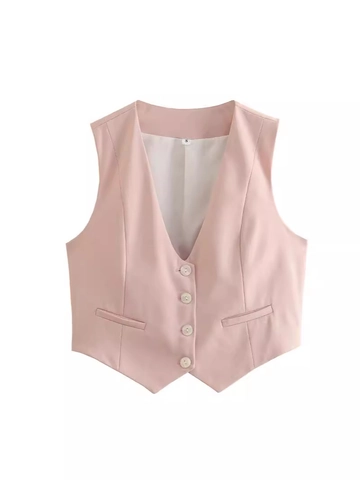 Gilet de Tailleur Court Vintage à Col en V pour Femmes Coupe Ajustée Simple Boutonnage Sans Manches Veste de Travail