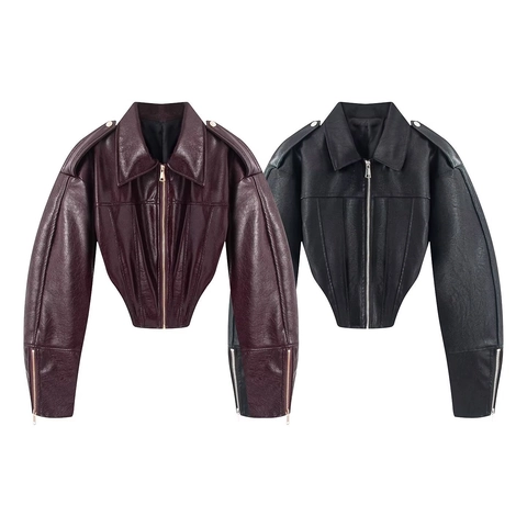 Dames Kunstleer Cropped Jas Lakleer Motorstijl Slim Fit Revers Rits Lange Mouw Bovenkleding Mantel