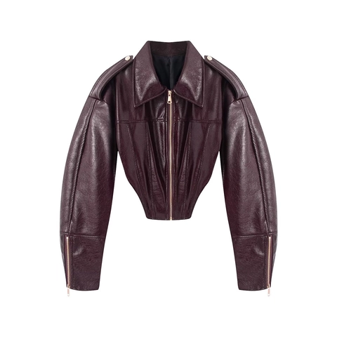 Dames Kunstleer Cropped Jas Lakleer Motorstijl Slim Fit Revers Rits Lange Mouw Bovenkleding Mantel