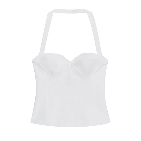Top de Corsé con Cuello Halter Sexy para Mujer Vintage Lunares Fruncido Escote Corazón sin Mangas Espalda al Aire
