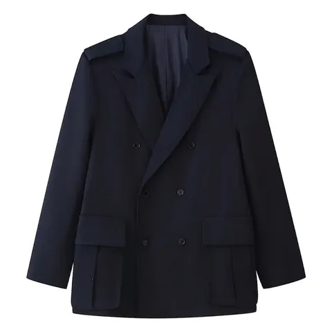 Dames Marineblauw Double Breasted Blazer Met Epauletten En Grote Zakken Losse Pasvorm Elegante Lange Mouw Jas