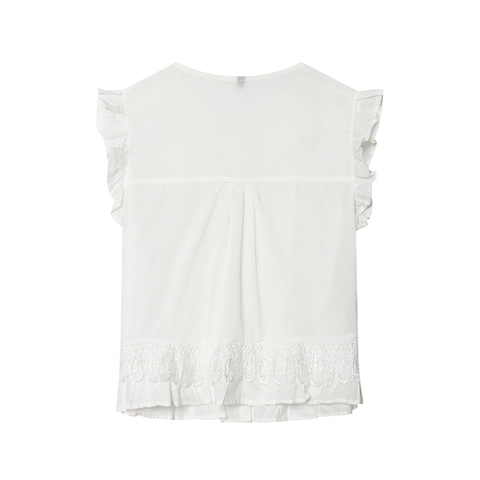 Dames Mouwloos Wit Katoen Blouse Kantafwerking Ruffle Detail Geplooid Los Casual Hemd Elegant Streetwear Zomer Top