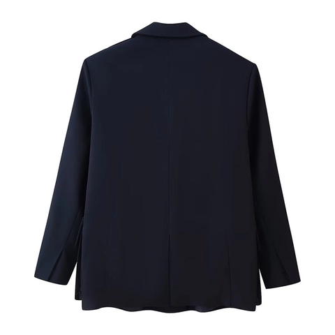 Dames Marineblauw Double Breasted Blazer Met Epauletten En Grote Zakken Losse Pasvorm Elegante Lange Mouw Jas