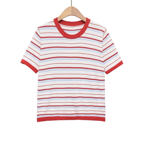 Women Vintage Rainbow Striped Knit T-Shirt Round Neck Short Sleeve Top Red Ribbed Edges Casual Preppy Summer Knitwear
