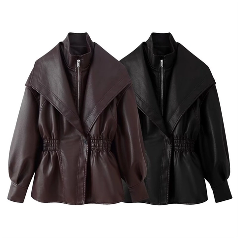 Women Elegant PU Faux Leather Jacket Large Lapel Smocked Waist Slim Zipper Long Sleeve Solid Color Outerwear Coat