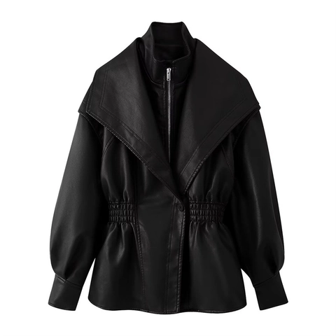 Women Elegant PU Faux Leather Jacket Large Lapel Smocked Waist Slim Zipper Long Sleeve Solid Color Outerwear Coat