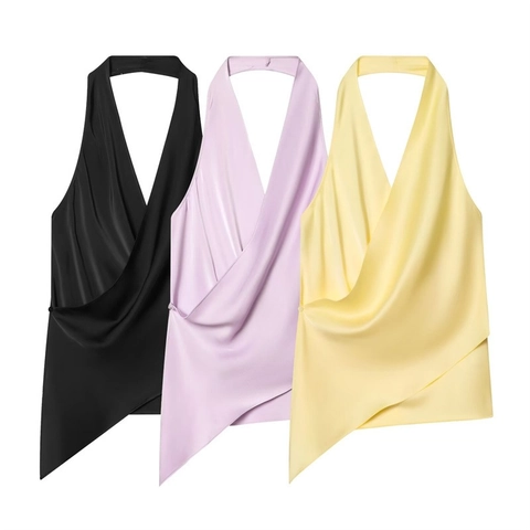 Damen Sexy Halfter Nacken Satin Oberteil Asymmetrisch Rückenfrei Wickel V-Ausschnitt Drapiertes Cami Tank Top Für Party