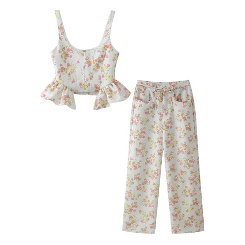 Dames Sexy Bloemenprint Tweedelige Set Mouwloos Ruffle Peplum Cami Top En Rechte Broek Zomer Streetwear Outfit