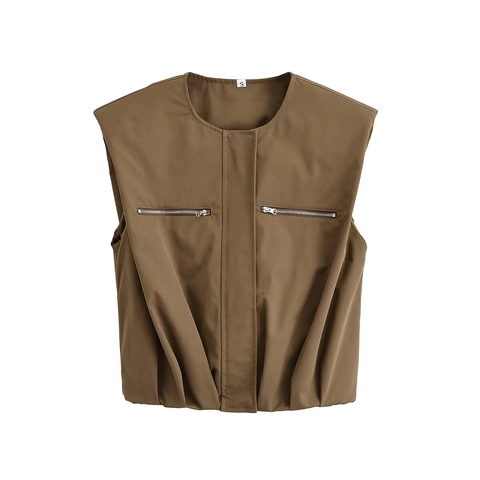 Women Sleeveless Zipper Cargo Vest And Barrel Pants Polyester High Waist Multi Pockets Casual Streetwear Top And Bottom