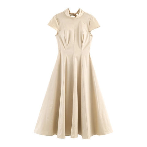 Women Elegant Solid Beige Midi A-Line Dress Stand Collar Tie-Neck Short Sleeve Slim Fit Office Lady Spring Dress