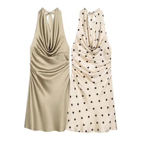Women Halter Cowl Neck Satin Mini Dress Sexy Ruched Backless Polka Dot Solid Elegant Party Night Club Dress