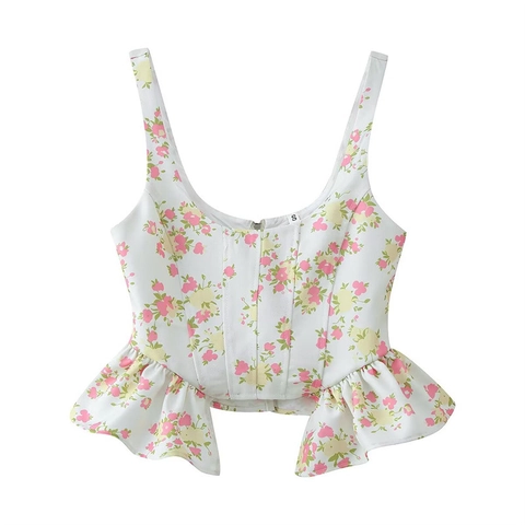 Dames Sexy Bloemenprint Tweedelige Set Mouwloos Ruffle Peplum Cami Top En Rechte Broek Zomer Streetwear Outfit